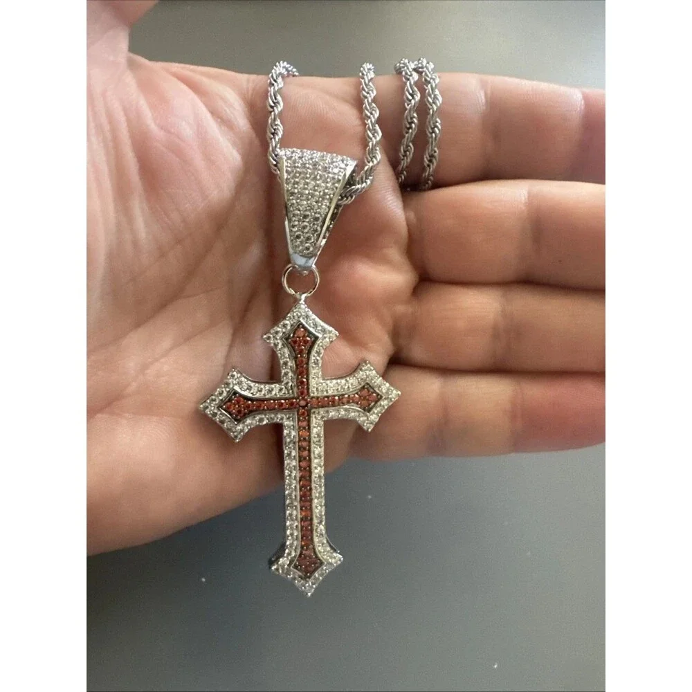 Silver Plated Red Cubic Zirconia Cross Pendant 24” Necklace Unisex Hip Hop